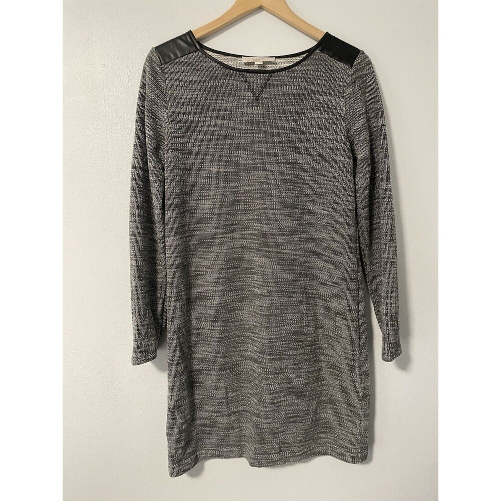 Loft Women's Long Sleeve Gray Sweater Dress with Faux Black Leather Accents M